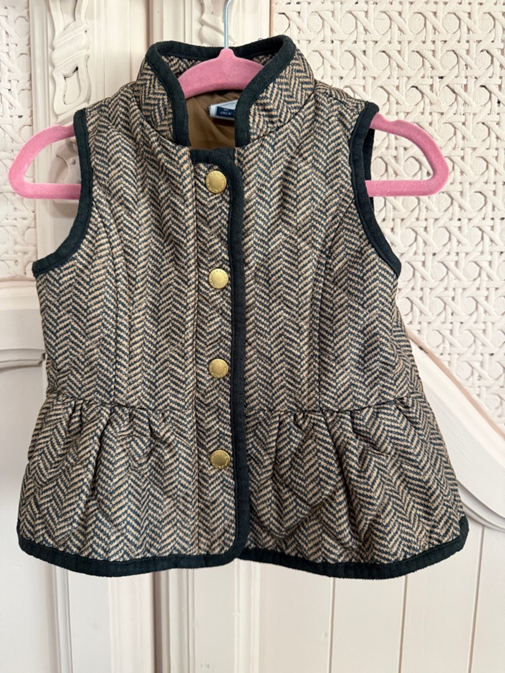 Janie and Jack Herringbone Quilted Peplum Vest with Gold Buttons - Brown & Black